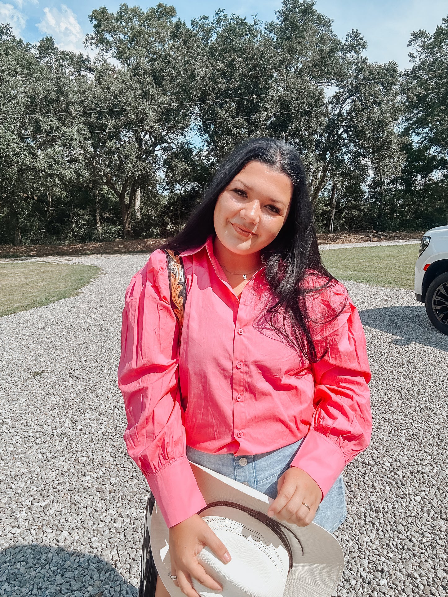 Pink Puff Sleeve Button Down Top