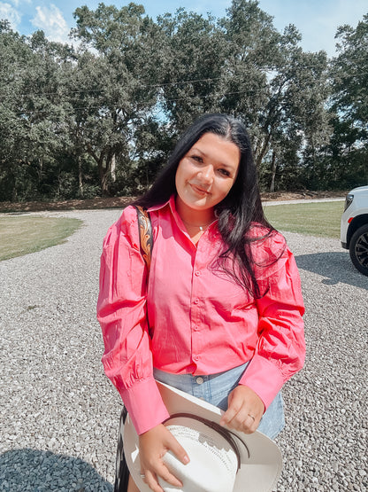 Pink Puff Sleeve Button Down Top
