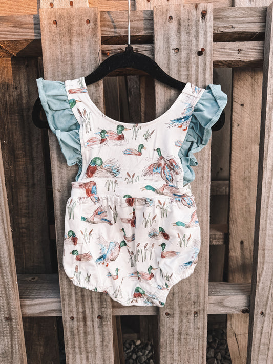 Duck in Blue Ruffle Sleeve Girls Romper