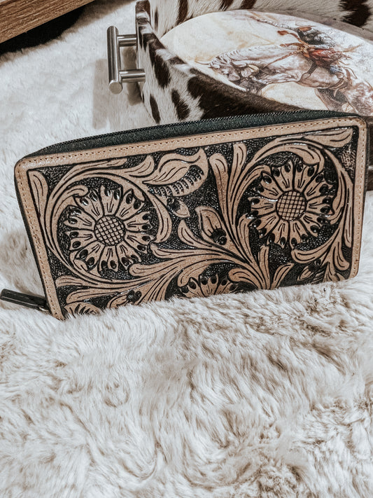 Embossed Floral Leather Zip Wallet