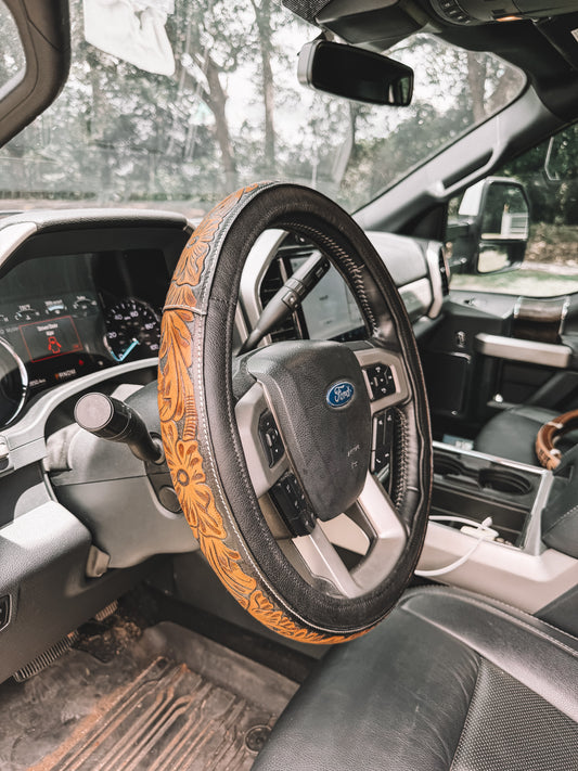Tooled Leather Steering Cover - Black PREORDER