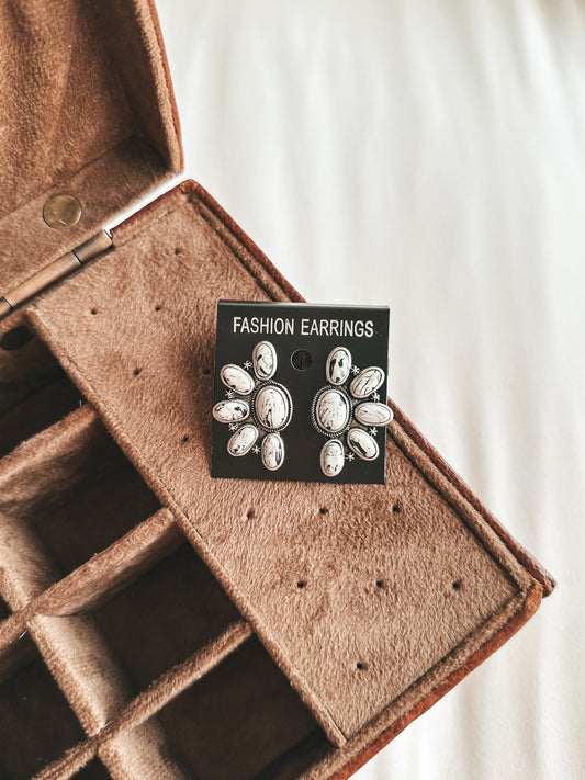 Half Cluster Stud Earrings in White