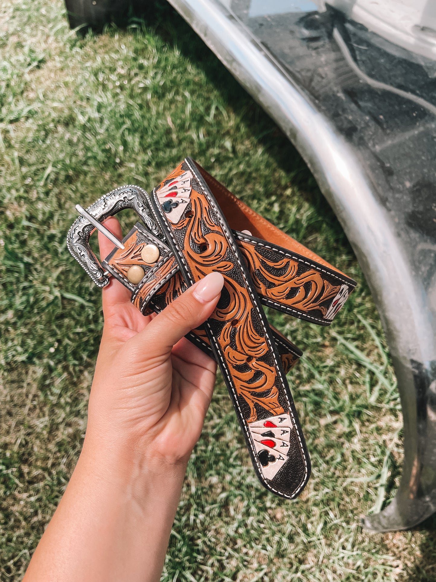 Aces Tooled Leather Belt