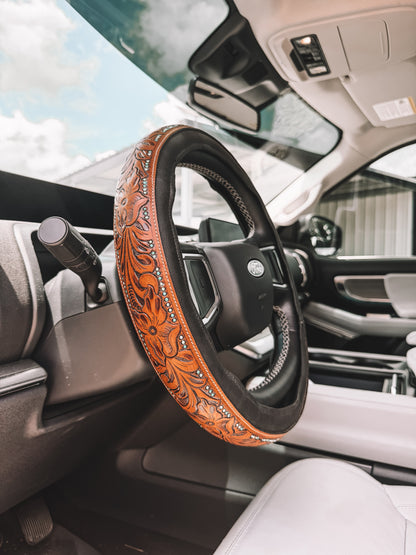 Tooled Leather Steering Cover - Dots 14”