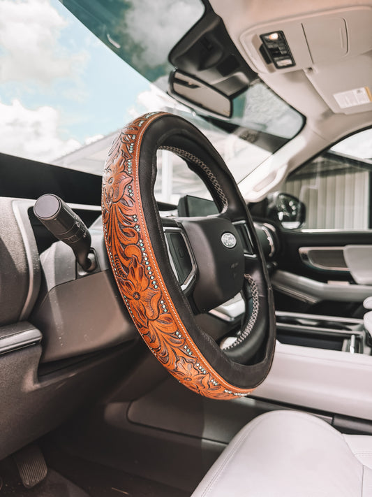 Tooled Leather Steering Cover - Dots 14”