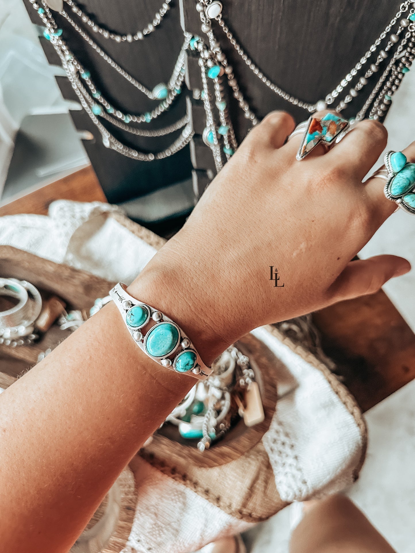 Three Stone Cuff Bracelet in Turquoise