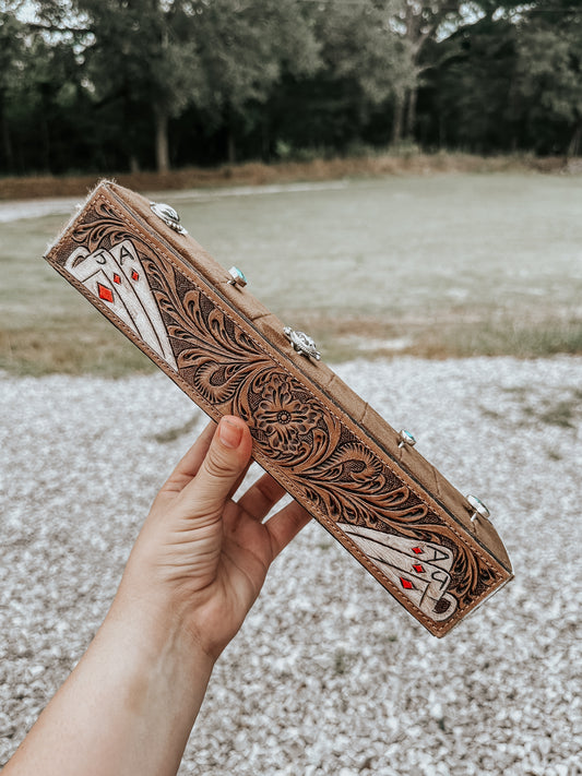 Aces Tooled Leather Ring Holder