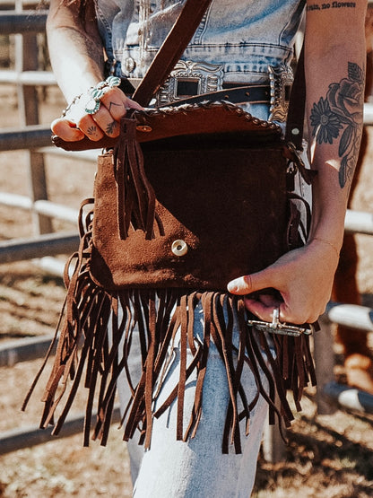 Cowhide Stitched Tassle Crossbody