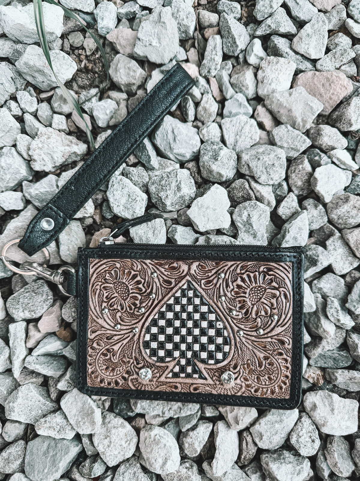Tooled Leather Checkered Spade Card Holder Keychain
