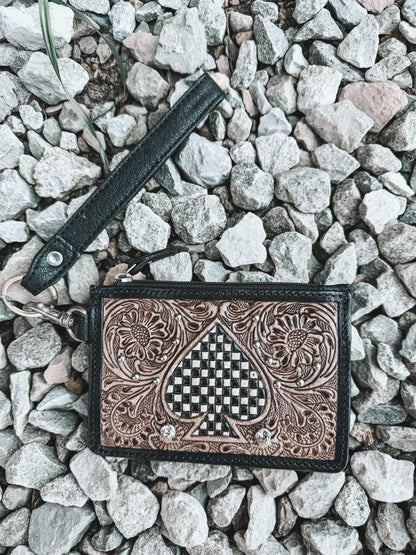 Tooled Leather Checkered Spade Card Holder Keychain
