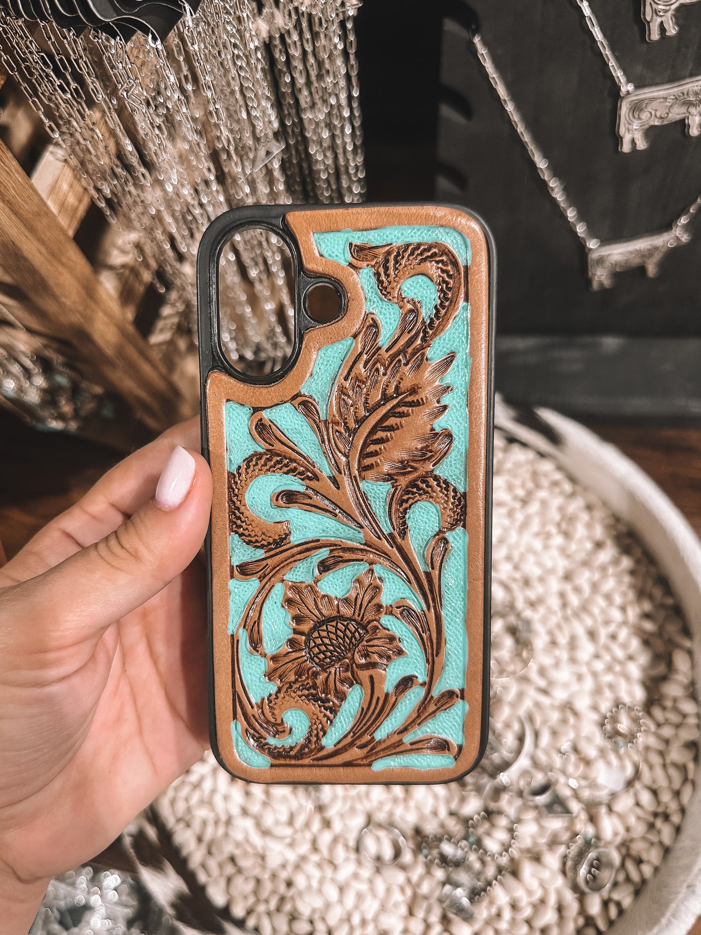 Turquoise Leather Phone Case (iPhone 16)
