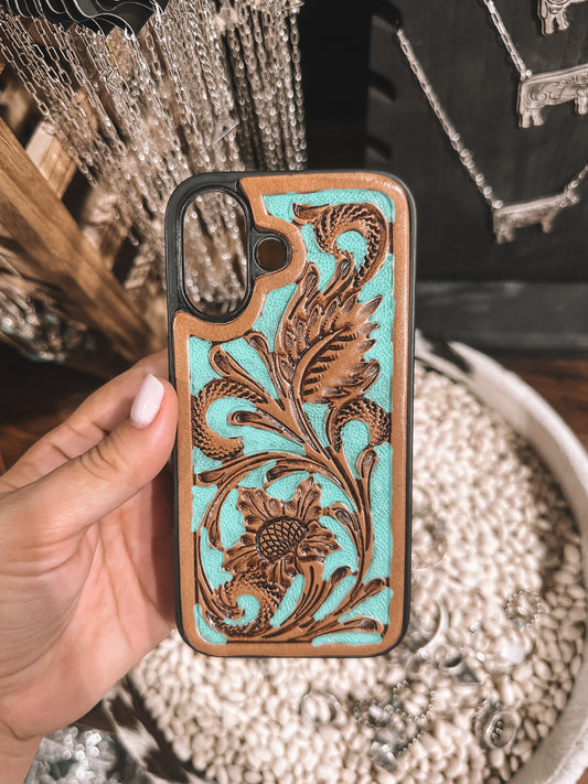 Turquoise Leather Phone Case (iPhone 16)