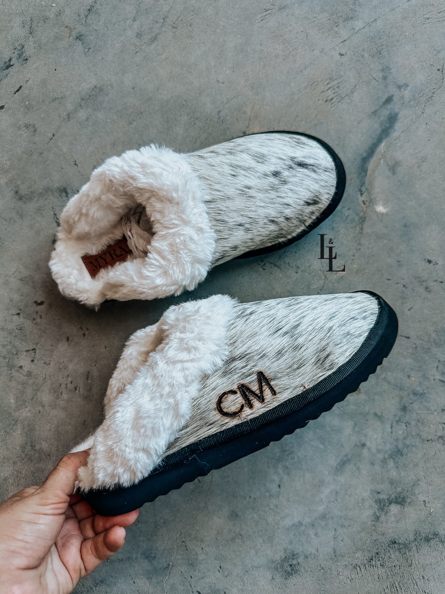 Black Cowhide Slippers