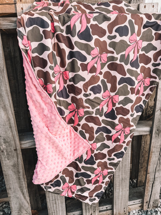 Pink Bows + Old School Camo Minky Blanket