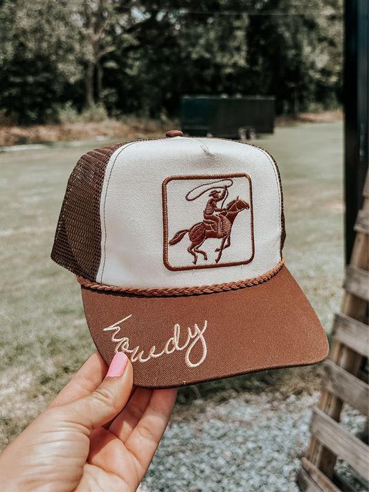 Howdy Ropin’ Cowboy Trucker Hat in Brown