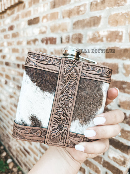 Tooled Leather Cowhide Flask