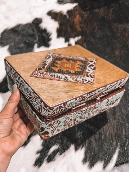 Aztec Cowhide Jewelry Box-  Turquoise