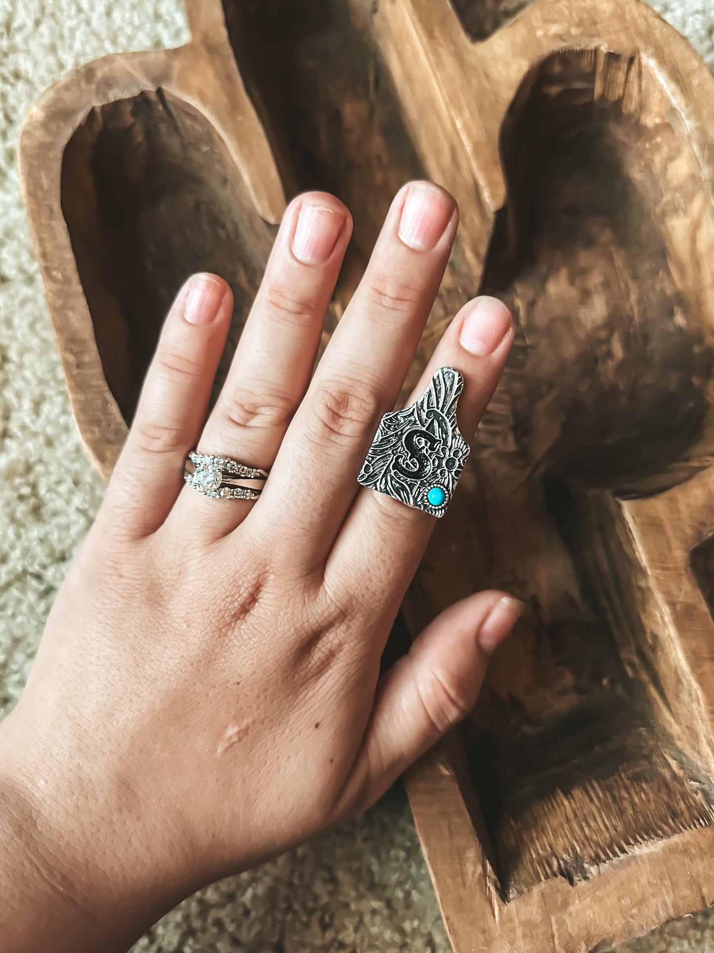 Turquoise Initial Cowtag Ring