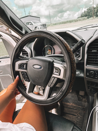 Tooled Leather Steering Cover -Black 16”