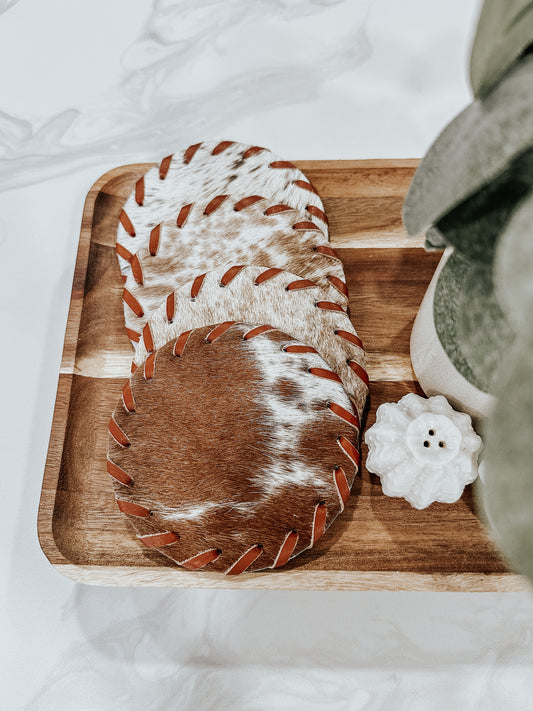 Round Stitched Cowhide Coasters in Tan