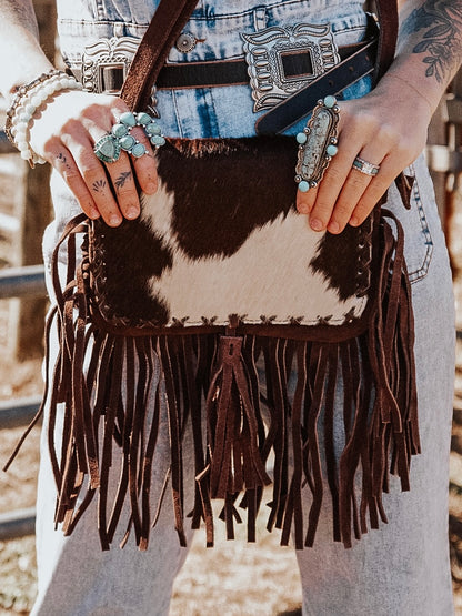 Cowhide Stitched Tassle Crossbody