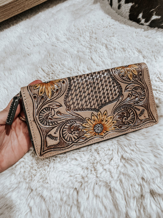 Yellow Floral Leather Zip Wallet