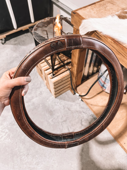 Tooled Leather Steering Wheel Cover in Brown 15 inch