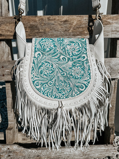 Moonwood Fringe Tooled Crossbody in White