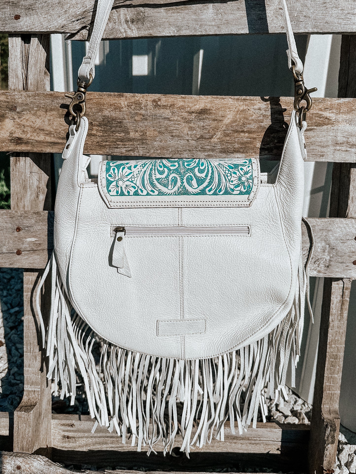 Moonwood Fringe Tooled Crossbody in White