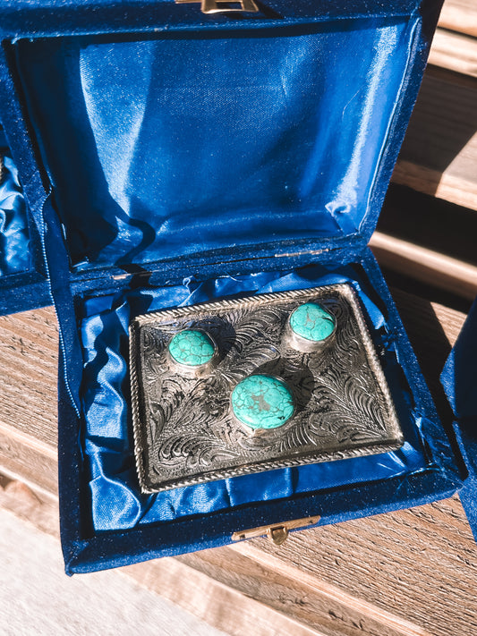 Turquoise & Silver Embossed Belt Buckle - Squared Three Stone