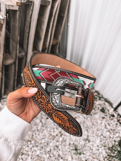 Beaded Leather Belt in Pink