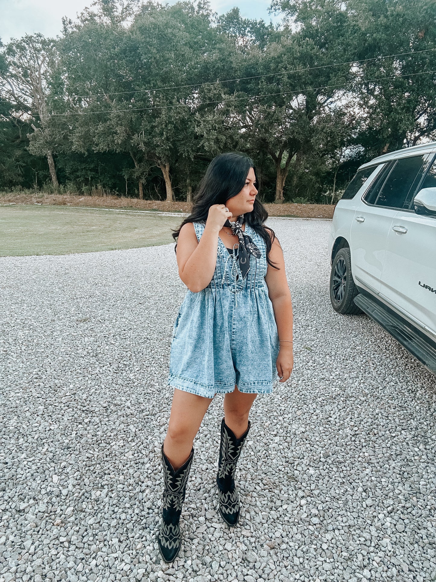Pleated Denim Tie Romper