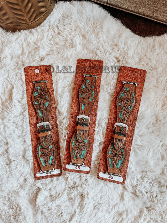 Tooled Leather Flare Watch Band in Turquoise