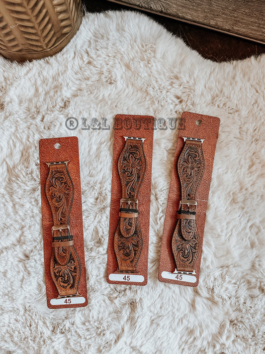 Tooled Leather Flare Watch Band in Brown
