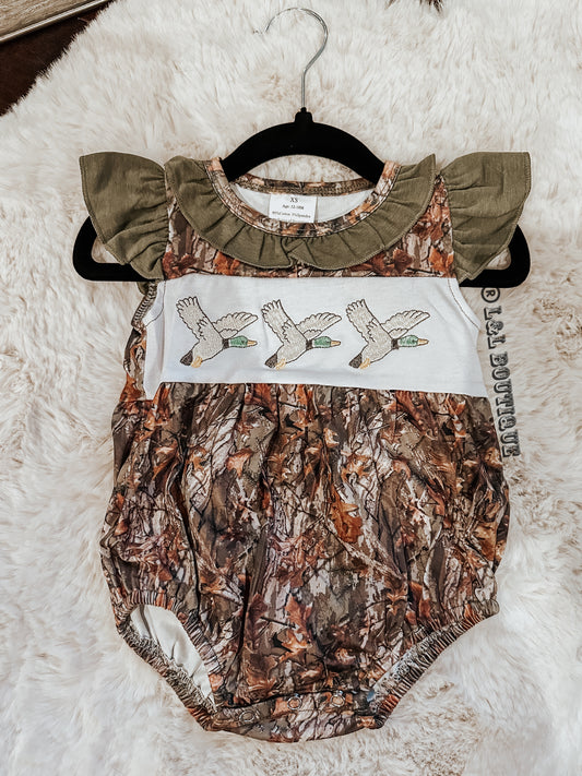 Girls Camouflage Duck Ruffle Onesie