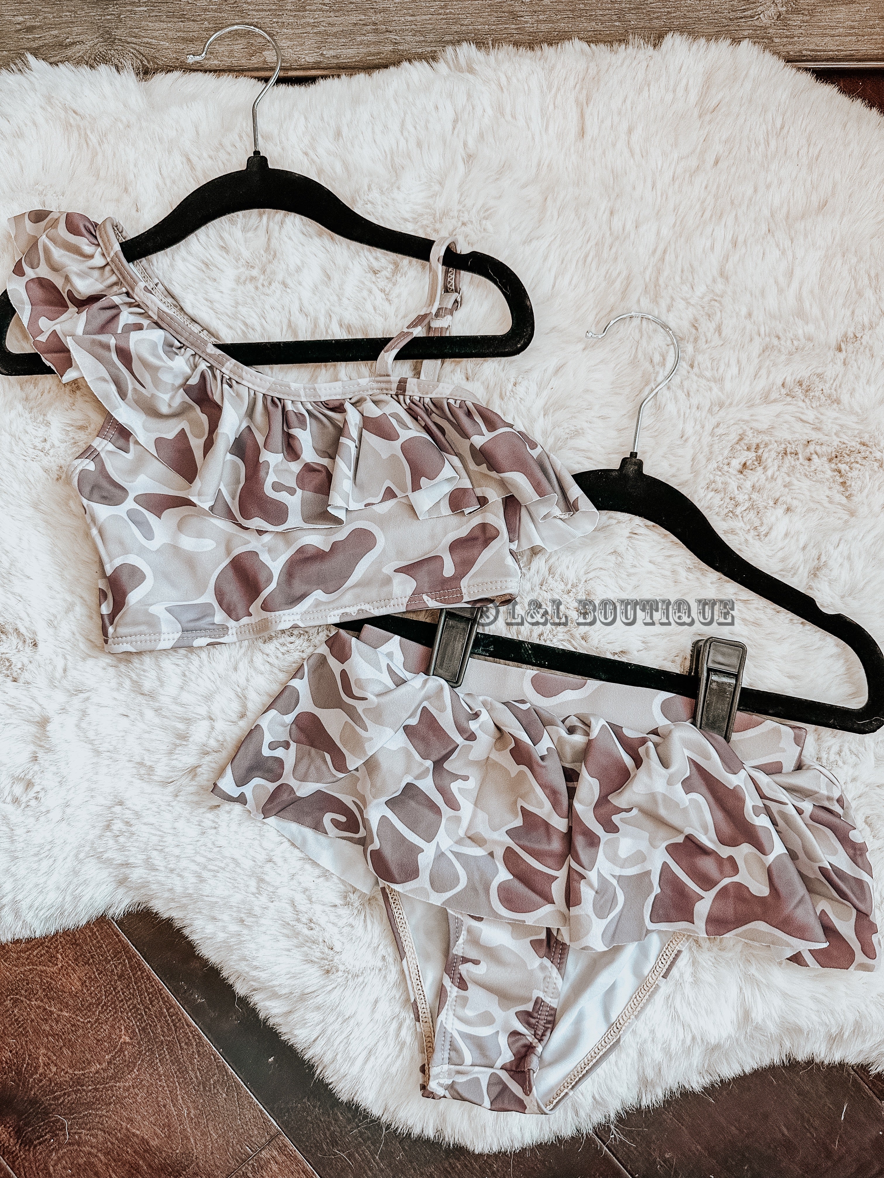 Old School Camo Girls Ruffle Swim Suit