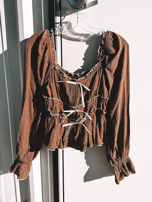 Brown & Cream Long Sleeve Crop Top