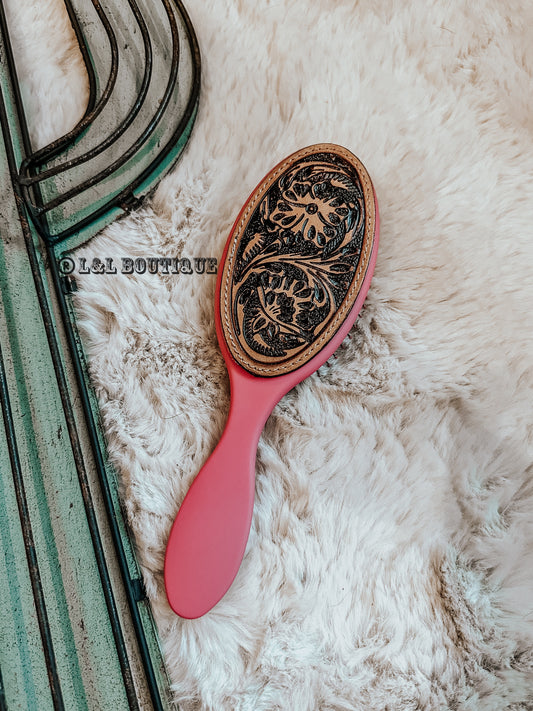 Magenta Tooled Leather Hair Brush