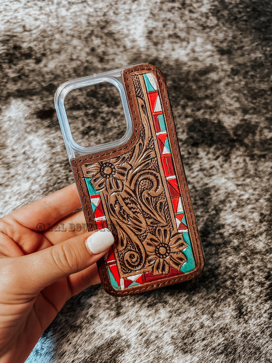Red Aztec Tooled Leather iPhone Case