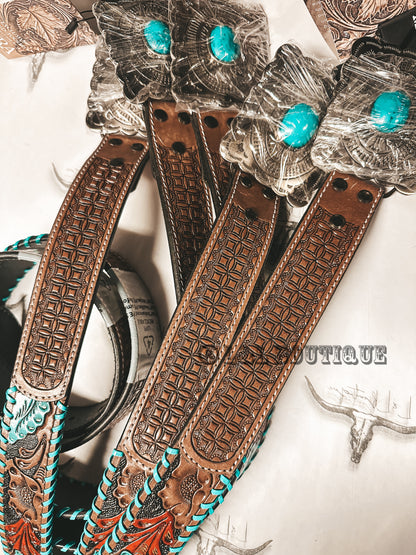Turquoise Buckle Tooled Leather Belt