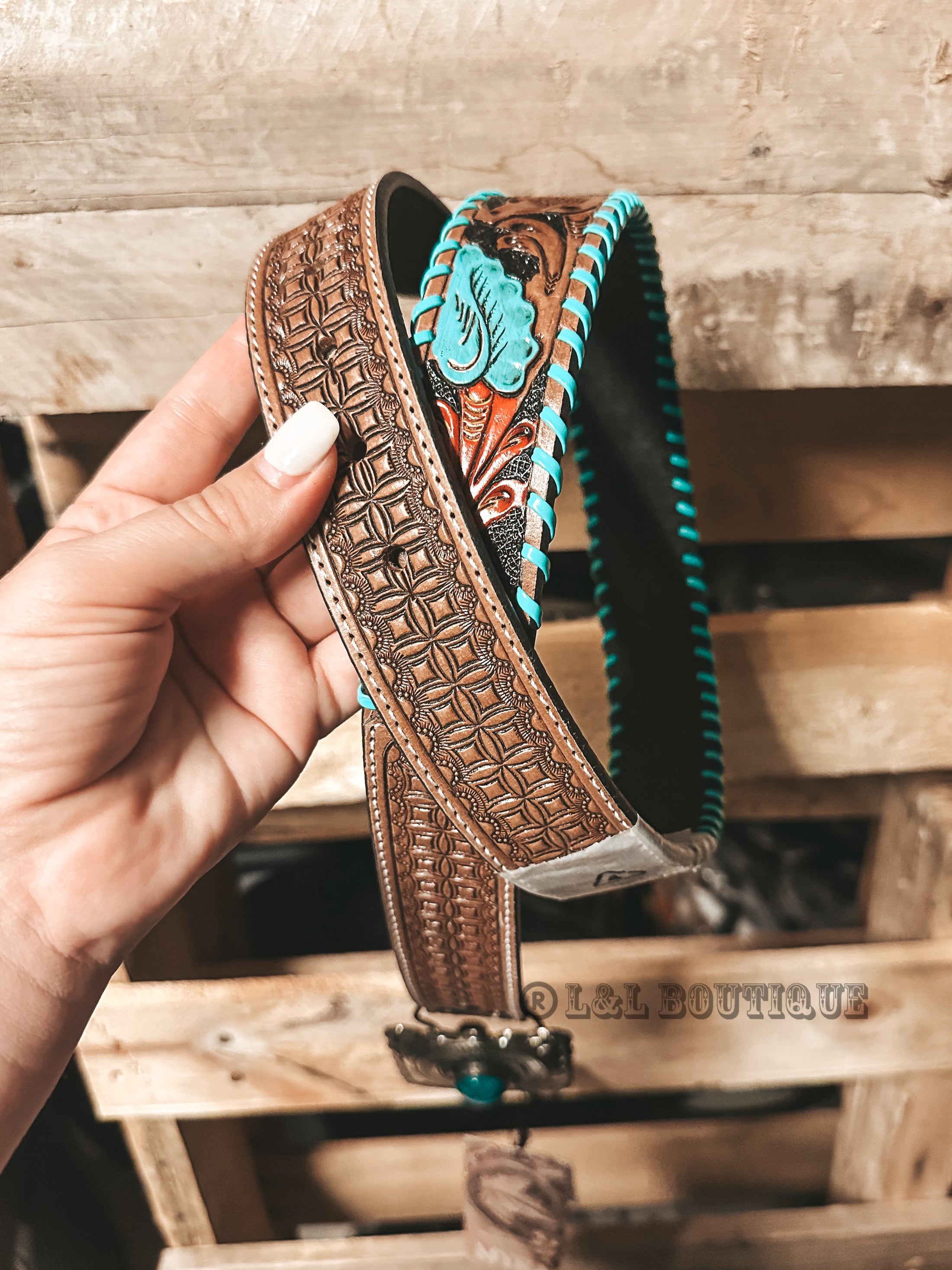 Rope Edge Turquoise Metallic Leather Belt Buckle 902a main image 1