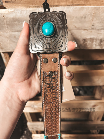 Turquoise Buckle Tooled Leather Belt