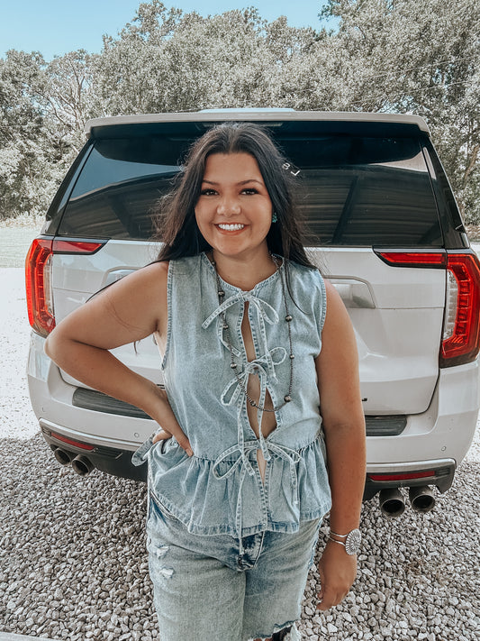 Denim Tie Ruffle Top