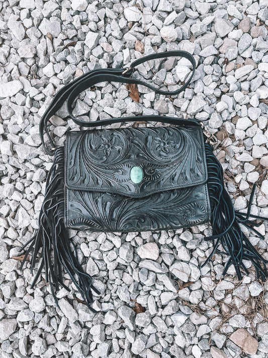Turquoise Lux Tooled Crossbody - Black