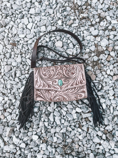 Turquoise Lux Tooled Crossbody - Brown
