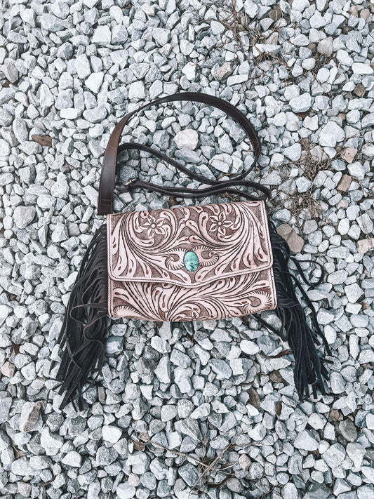 Turquoise Lux Tooled Crossbody - Brown