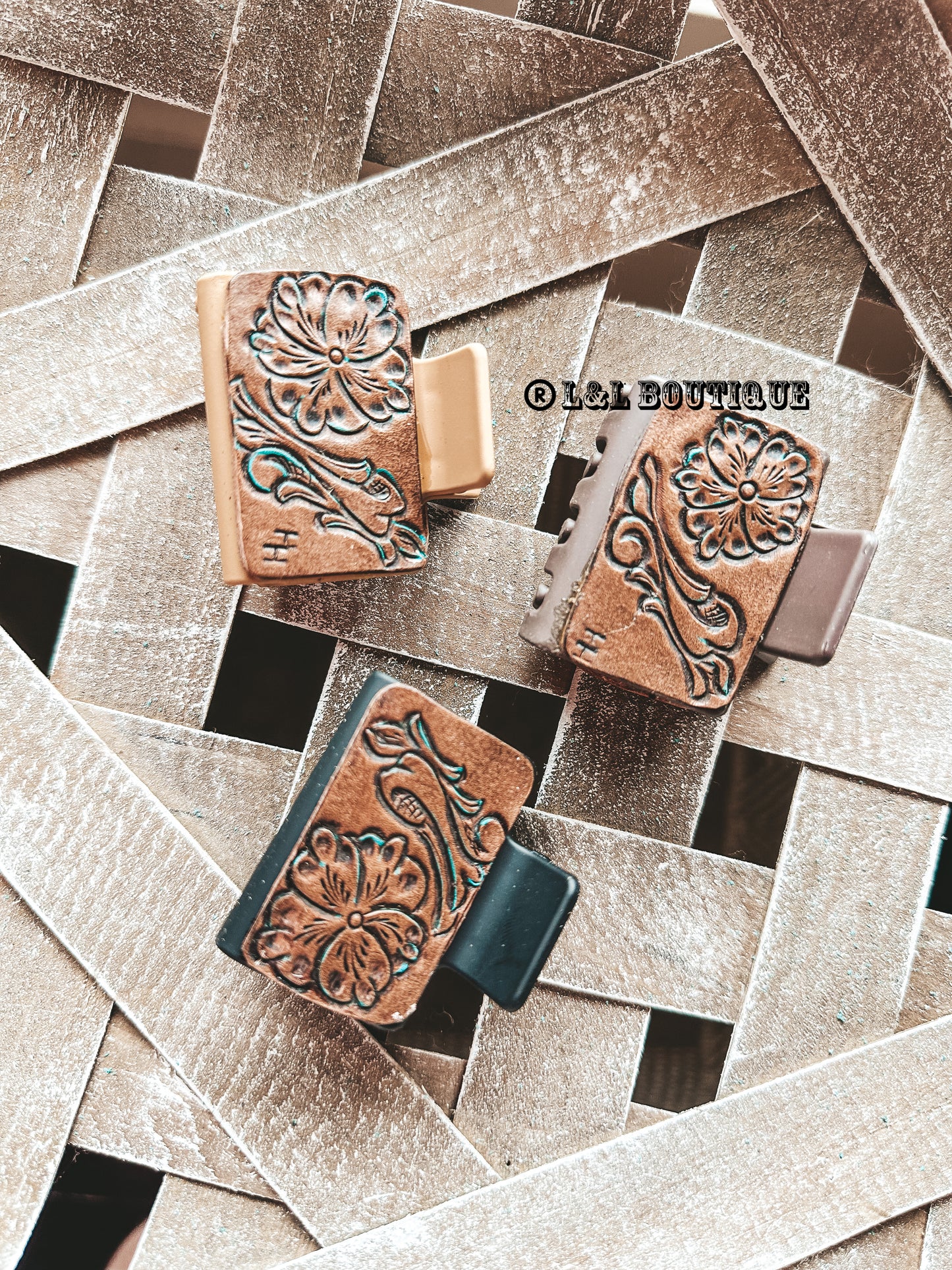 Mini Tooled Leather Claw Clip - Floral