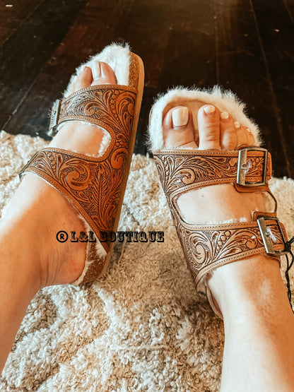 Trail Winder Fur Tooled Leather Sandals