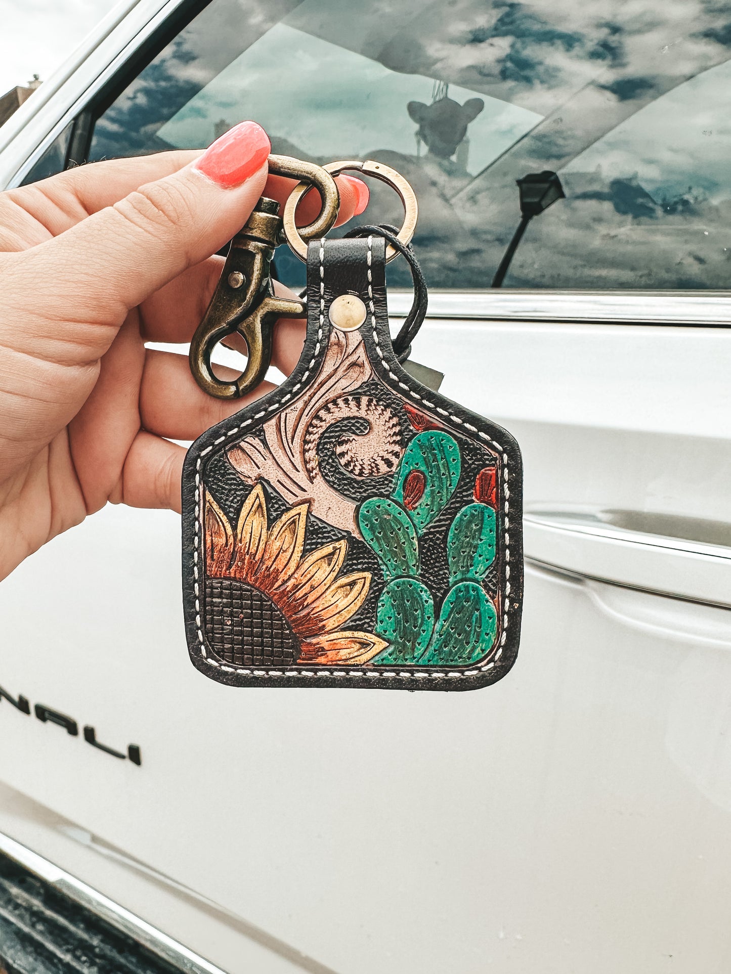 Prickly Pear Blooms Hand-Tooled Keychain