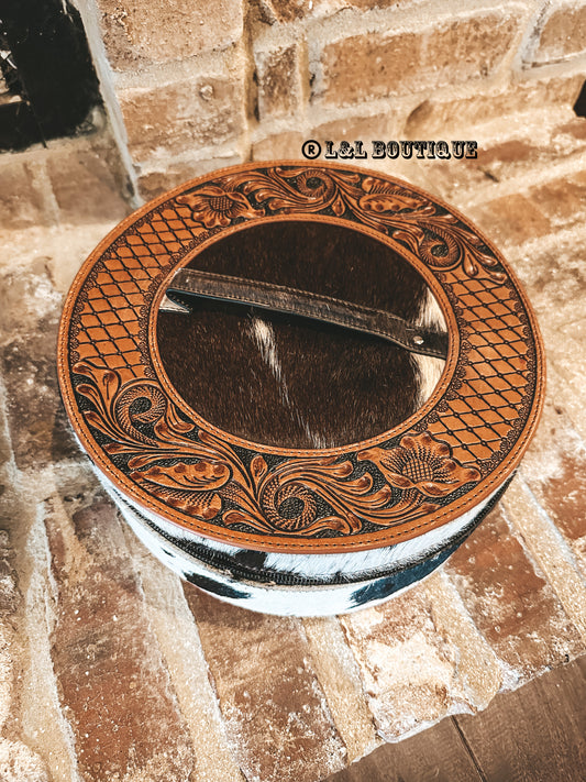 Western Round Hand Tooled Makeup Case
